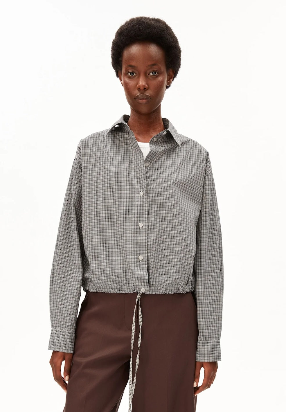 Mini-Check Drawstring Blouse